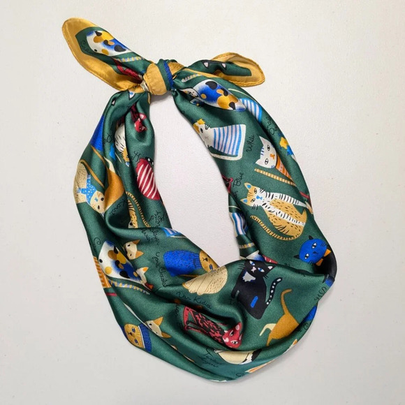 Whimsical assorted cats on silky green polyester with gold trim scarf, head wrap - Picture 9 of 15